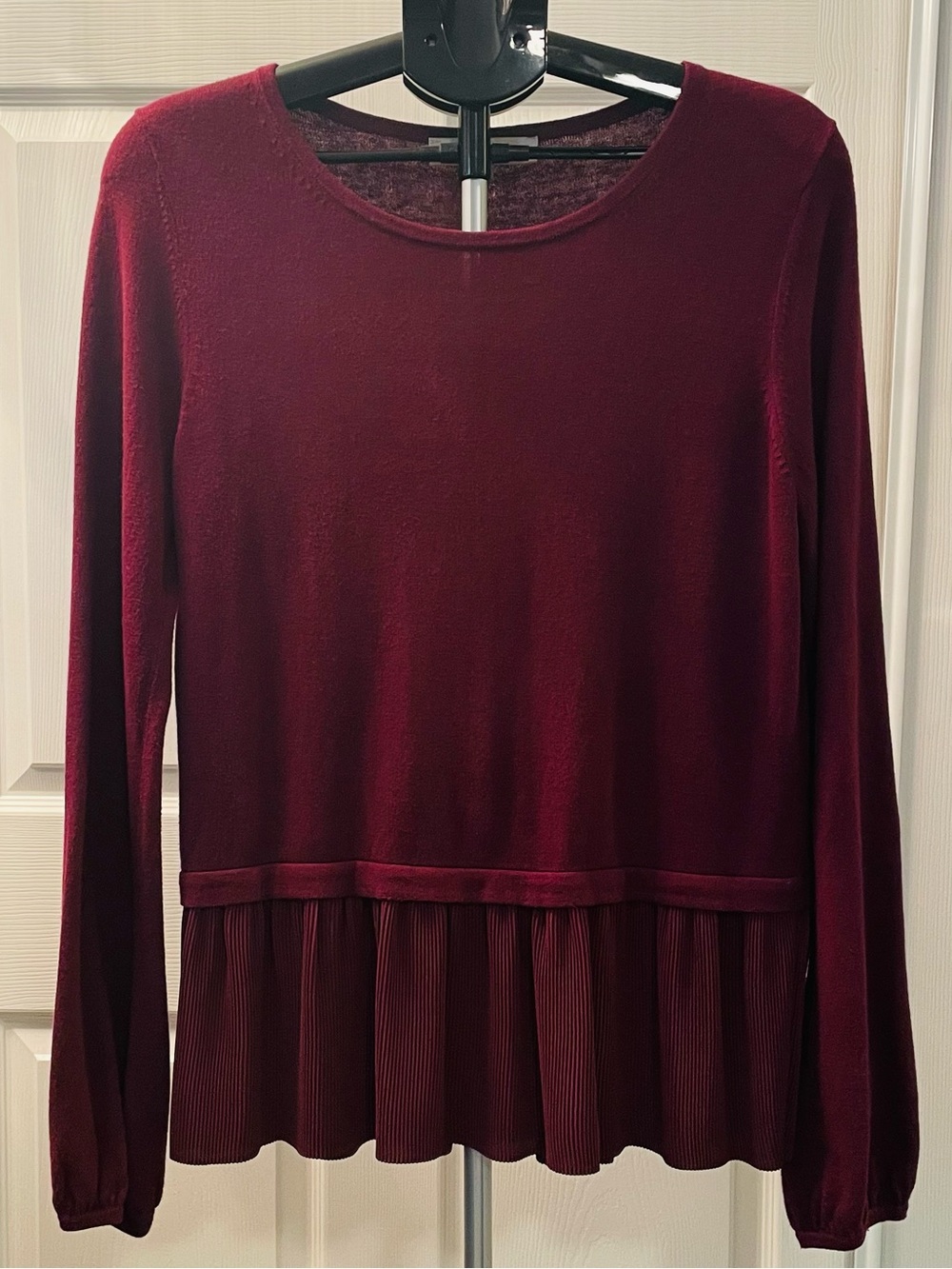 LOFT Burgundy Long Sleeve Pleated Peplum Top